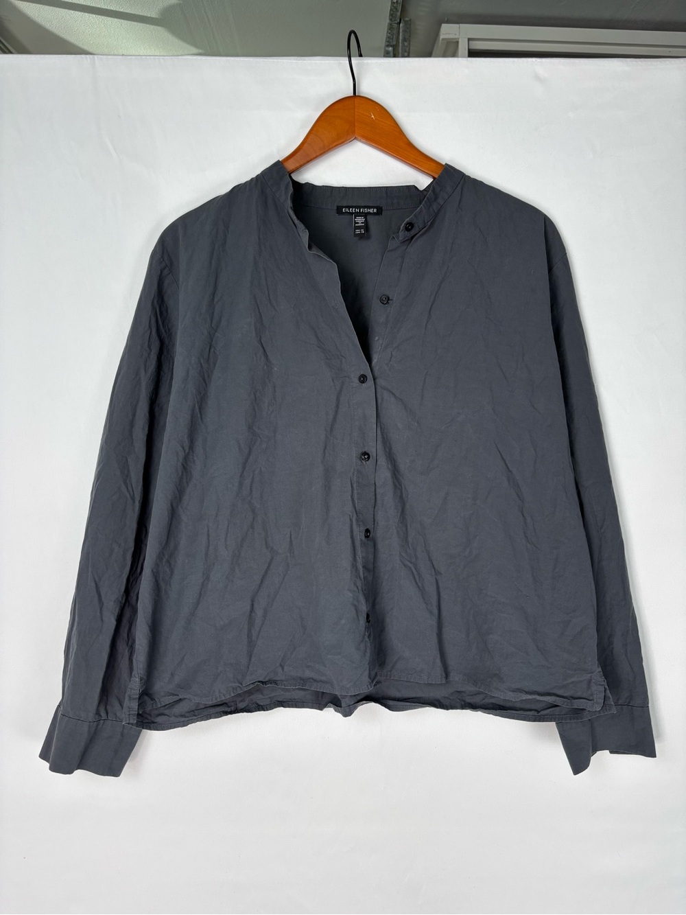 Washed Organic Cotton Poplin Band Collar‎ Short Shirt Gray Size XL